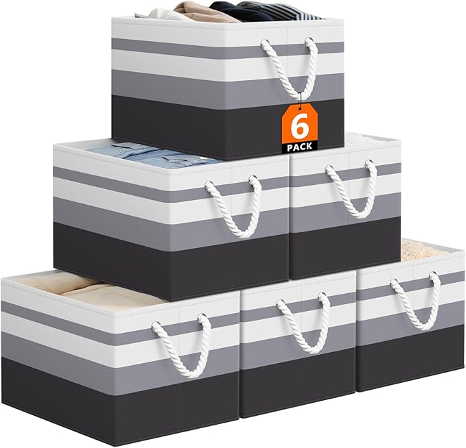 Storage Bin,Collapsible Storage Basket For Organizing,Large Storage Boxes With Rope Handles,Storage Containers,Gradient Grey,6 Pack by StorageTastic