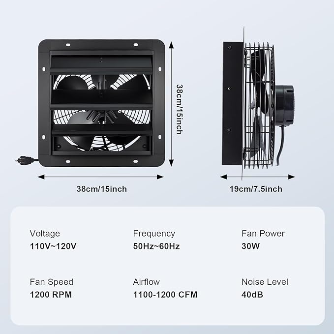 GROWNEER 12 Inch Shutter Exhaust Fan with Temperature Humidity Controller, 1200 CFM Remote Control Vent Fan, 10-Speed Adjustable Wall Mount Attic Fan for Greenhouses Garages Sheds - Image 3
