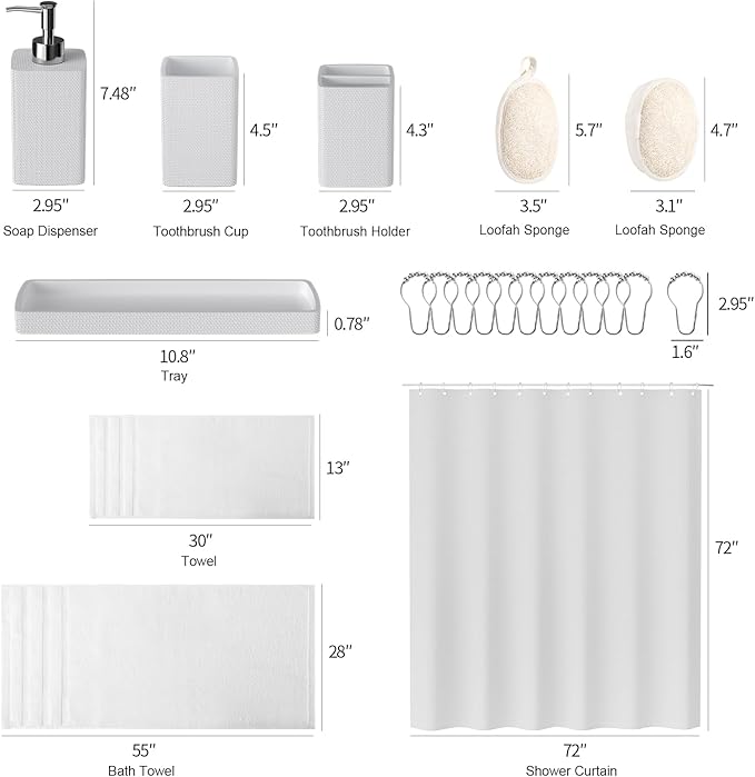 Resin White Bathroom Set, White Bathroom Accessories Set with Shower Curtain, Bath Towel Set, Natural Loofah Sponge, Soap Dispenser, Toothbrush Holder, Bathroom Tumbler and Tray for Bathroom - Image 8