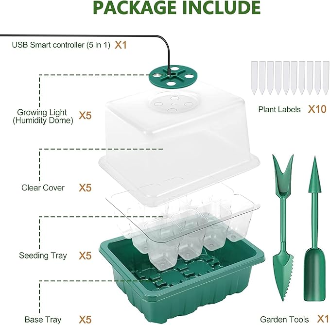 Seed Starter Tray 5 Packs Seedling Starter Trays with Grow Light 8 LEDs, Timer, Dimmable, Seed Starting Trays Kit with Humidity Dome (60 Cells) Indoor Gardening Plant Germination Tray - Image 7