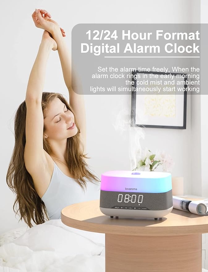 Versatile Essential Oil Diffuser, 300ml Aroma Diffuser with Bluetooth Speaker and Alarm Clock, 7 Colors LED Light Aromatherapy Diffusers & Cool Mist Humidifier 3-Level Brightness, Auto-Off Protection - Image 4