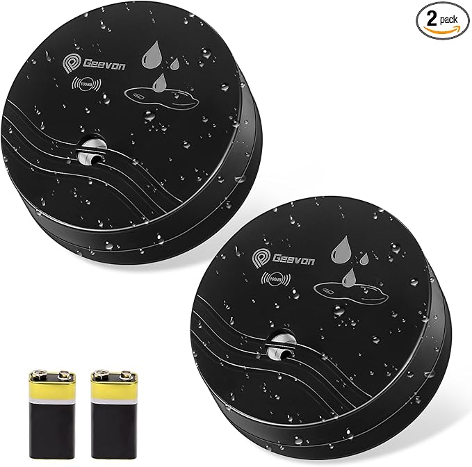 Geevon 2 Pack Water Leak Detectors, 100dB Water Sensor Alarms Flood Detector for Basements, Bathrooms, Laundry Rooms, Kitchens, Garages, and Attics, Water Alarms Battery-Operated (Battery Included) by GEEVON