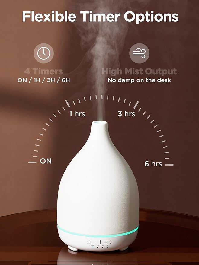 InnoGear Oil Diffuser, 300ML Ceramic Diffuser for Essential Oils Handcrafted Aromatherapy Diffuser Ultrasonic Cool Mist Humidifier with 4 Timers Waterless Auto Off for Room Office, White Base - Image 3