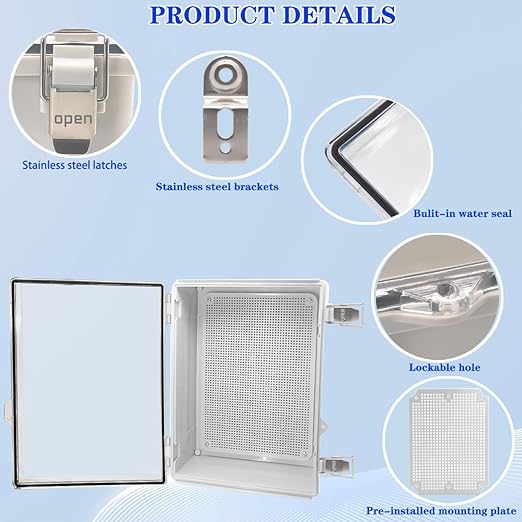 Waterproof Electrical Box, IP67 Junction Box Stainless Steel Latch Hinged Clear Cover Project Enclosure with Wall Bracket 14.6" x 10.6" x 5.9" - Image 3