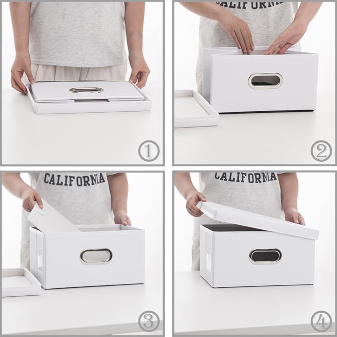 PRANDOM Collapsible Storage Box with Lid [3-Pack] Leather Fabric Foldable Storage Bin Organizer Container Basket Cube with Cover for Home Bedroom Closet Office Nursery White(13.6x9.6x6.9) - Image 4