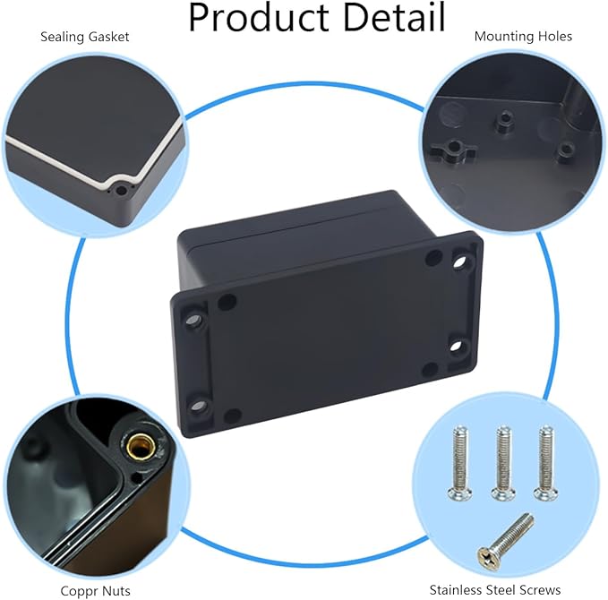 2 Pack Project Box IP65 Waterproof Junction Box ABS Plastic Black Electrical Boxes DIY Electronic Project Case Power Enclosure with Fixed Ear 3.94 x 2.68 x 1.97 inch(100x68x50mm) - Image 5
