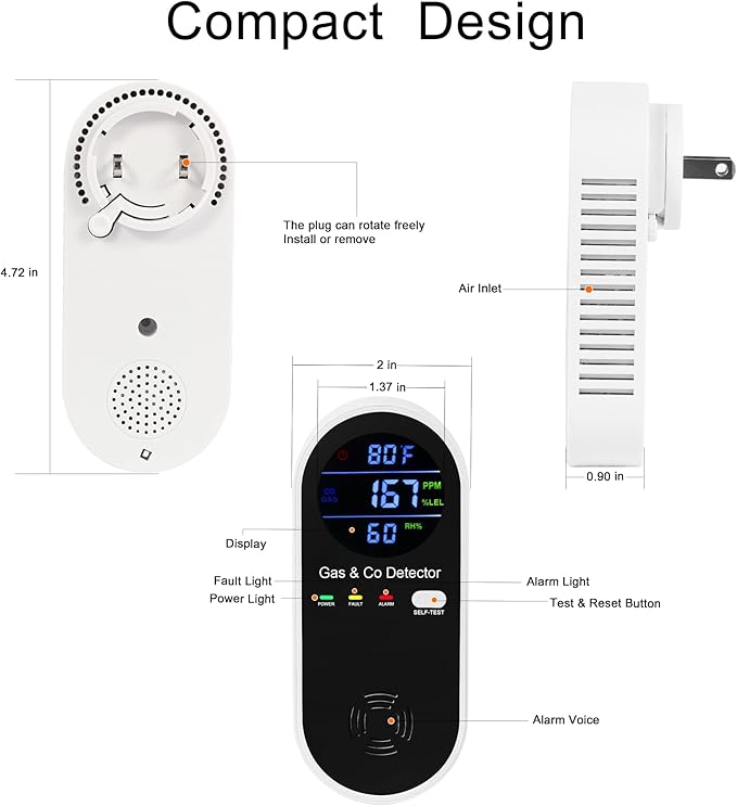 Combination Natural-Gas and Carbon-Monoxide-Detector Plug-in, 4 Sensors with Carbon Monoxide Alarm,°F & Humidity,Explosive Gas Detector Alarm for Home,RV,Apartment - Image 2