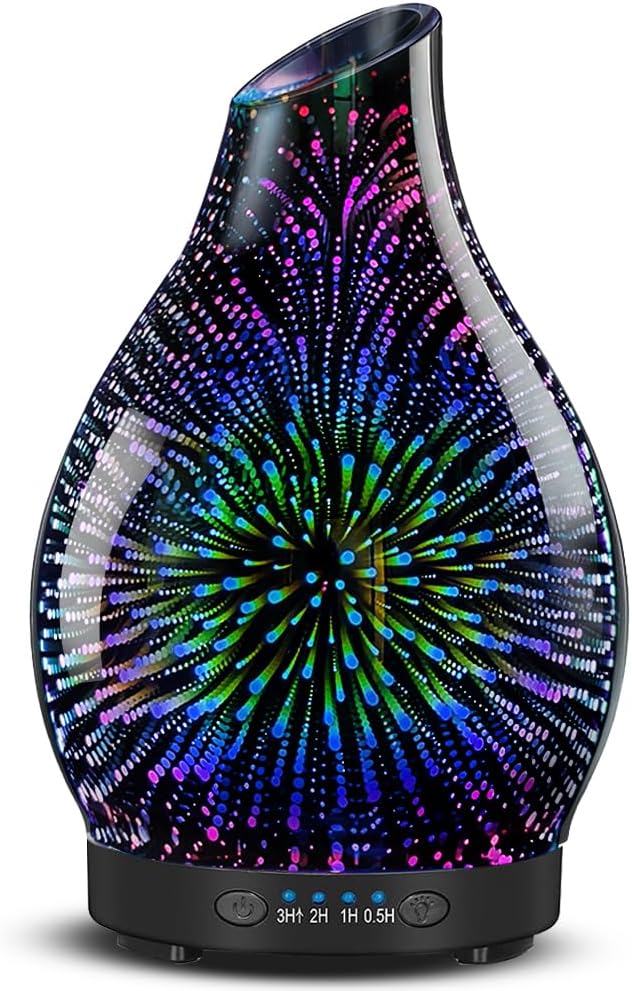 120ML Essential Oil Diffuser, 3D Glass Aromatherapy Diffuser with Auto Shut-Off and 7 Color LED Lights, Ultrasonic Mist Humidifier with 4 Timer for Home Office Bedroom (3D Fireworks) by JOYOLO