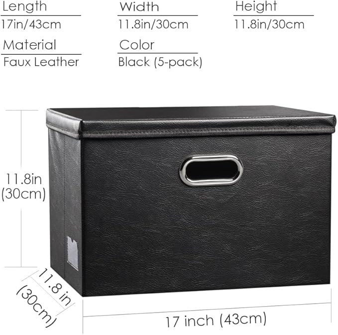 PRANDOM Large Stackable Storage Boxes with Lids [5-Pack] Leather Fabric Foldable Storage Bins Organizer Containers Baskets Cubes with Cover for Bedroom Closet Office Nursery Black(17.7x11.8x11.8) - Image 5