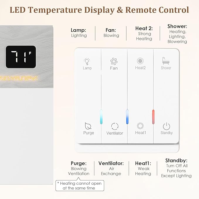 4 in 1 Bathroom Exhaust Fan with Light and Heater, 1900W Bathroom Heater Fan Light Combo, 180 CFM 1.0 Sone Ceiling Fan Remote Control Heater, Ventilation for Home, Bath, Hotel (Style 1) - Image 7