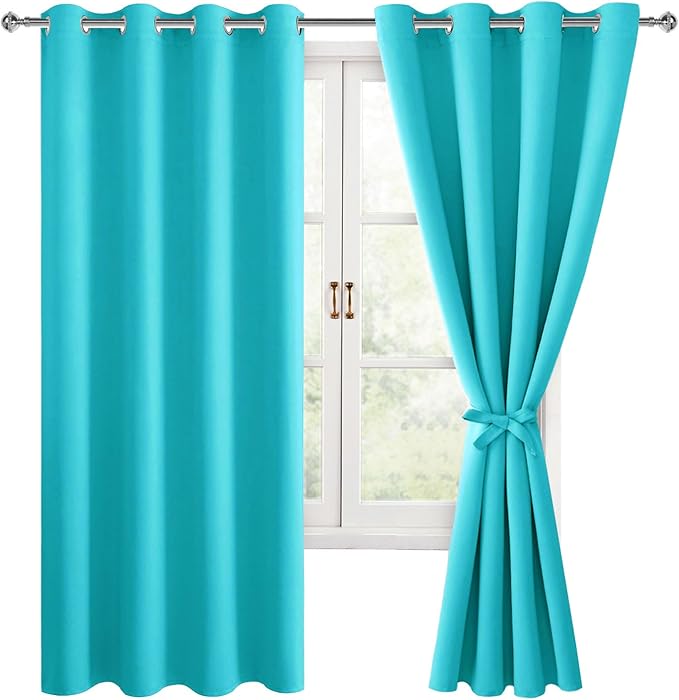 Hiasan Blackout Curtains for Bedroom, 52 x 63 Inches Length - Thermal Insulated & Light Blocking Window Curtains for Living Room, 2 Drape Panels Sewn with Tiebacks, Turquoise by Hiasan