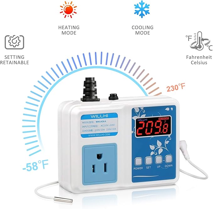 WH1436A 10A Temperature Controller 110V Digital Thermostat Switch Sous Vide Controller NTC 10K Sensor Improved Version - Image 2