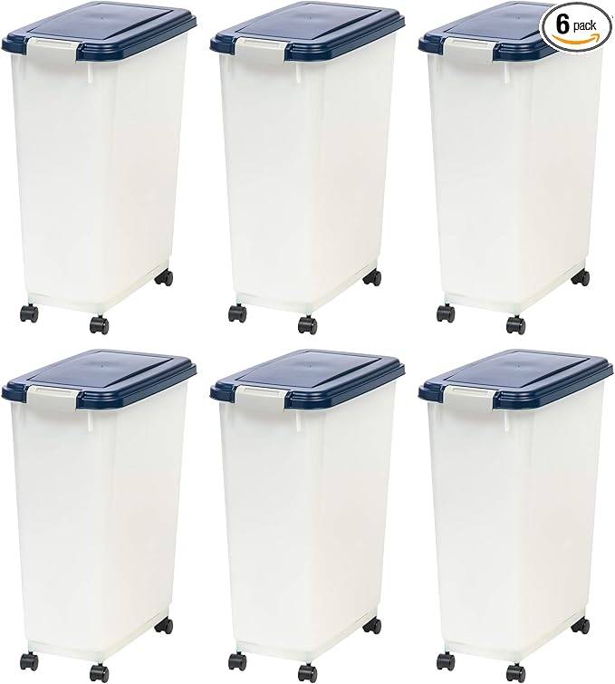 IRIS USA Airtight Dog Food Storage Container, Up to 38 lbs, Attachable Wheels, For Dog Cat Bird and Other Pet Food Storage Bin, Keep Fresh, Easy Mobility, BPA Free, Navy/Pearl, 6 Pack by IRISUSA