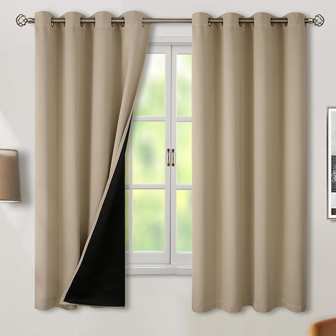 BGment Thermal Insulated 100% Blackout Curtains for Bedroom with Black Liner, Double Layer Full Room Darkening Noise Reducing Grommet Curtain (52 x 63 Inch, Sand, 2 Panels) by BGment