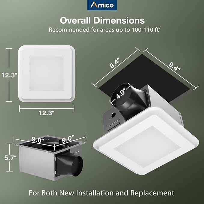 Amico Bathroom Exhaust Fan with Light, 110 CFM, 1.0 Sones, 5CCT, 1000LM, Easy Installation, Ceiling Mount Bathroom Fan, Adjustable Bath Exhaust Vent with light, ETL & FCC Certified - Image 2