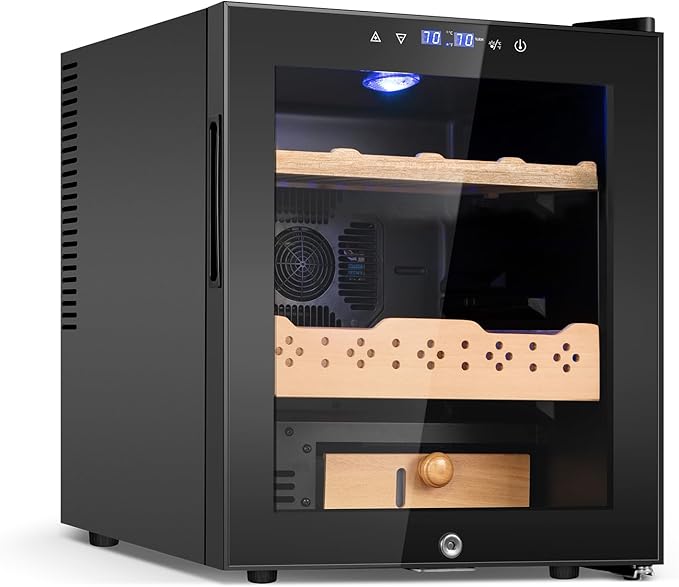 Electric Cooler Cabinet 50L with Temperature and Humidity Control, Spanish Cedar Wood Shelves and Safety Lock (400 Counts Capacity), Gift for Men by FoMup