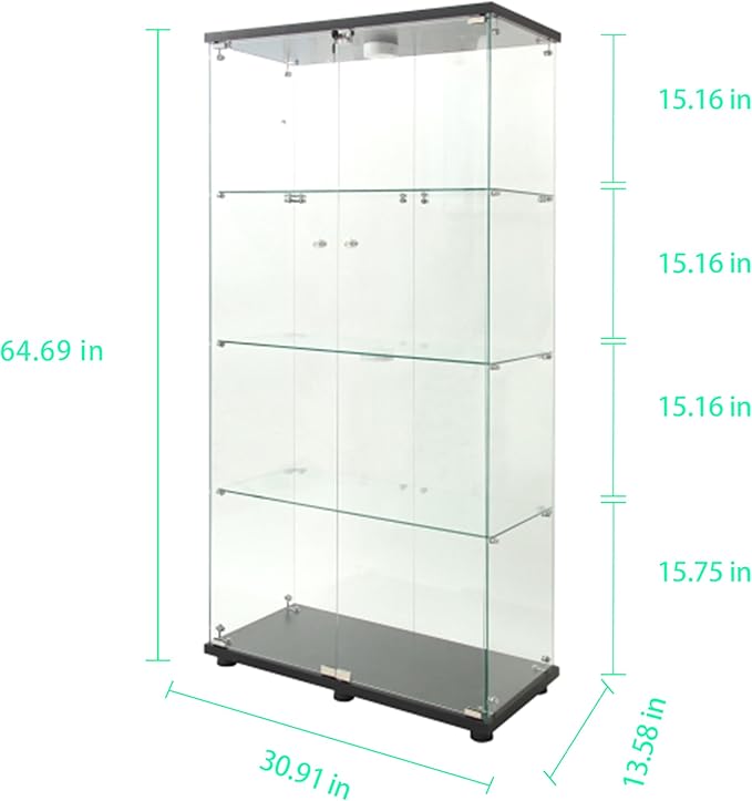 Yoluckea 4-Tier Glass Display Cabinet with Paipai Light, 2-Door Floor Standing Curio Cabinet with Adjustable Floor Feet for Home Office Corner Display, Black Glass Bookshelf for Collections and Decor - Image 2
