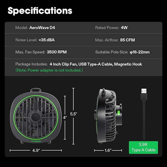 VIVOSUN AeroWave D4, 4” Grow Tent Clip Fan with Detachable Hook, 3-Speed Strong & Quiet Airflow, Adjustable Airflow Angle for Hydroponics, Circulation & Cooling, Black, 1-Pack - Image 7