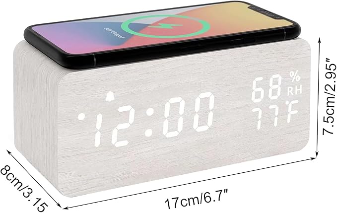 Lancoon Wooden LED Alarm Clock with Wireless Charging Temperature and Humidity Display Calendar Adjustable Brightness Sound Control for Bedroom Home Office (White) - Image 4