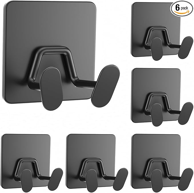 Adhesive Shower Hooks for Inside - Extra Sticky Stainless, Razor Holder Shower Accessories, Wall Mounted Self-Adhesive Double Hooks for Razor, Loofah, Towel, Shaver, Coat, Key, Matt Black, 6 Pack by susswiff