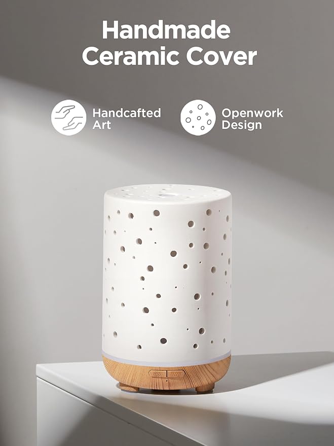 InnoGear Essential Oil Diffuser, 150ml Ceramic Ultrasonic Air Humidifier Cool Mist Aromatherapy Diffuser with 2 Mist Modes, Waterless Auto Off for Home Office, White - Image 2