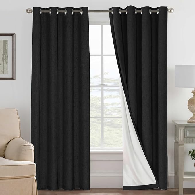 H.VERSAILTEX Linen Blackout Curtains 108 Inches Long 100% Blackout Thermal Insulated Textured Linen Look Curtain Draperies Anti-Rust Grommet, Energy Saving with White Liner, 2 Panels, Black by HVERSAILTEX