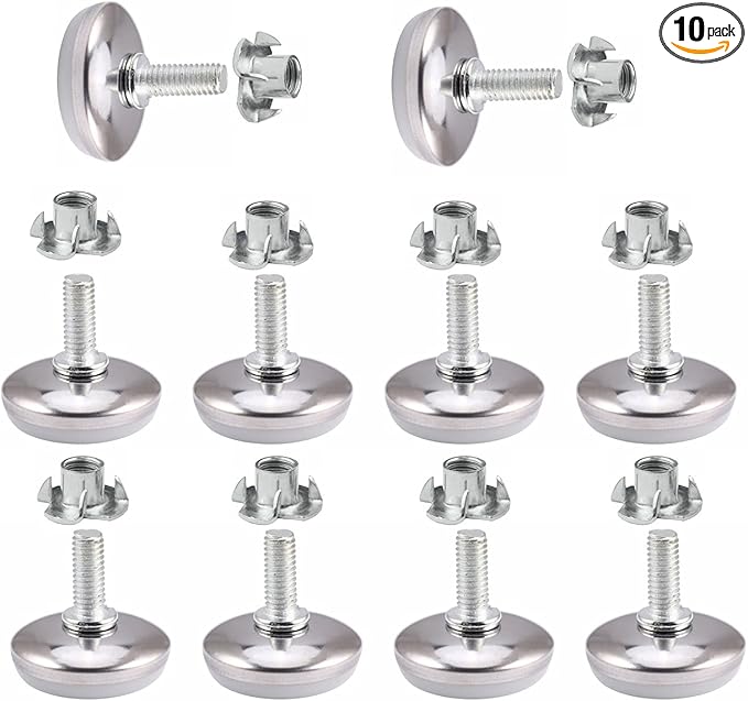 10-Set M6 x 25mm White Heavy Duty Screw-On Furniture Leveling Feet Adjustable Leveler Floor Protector (Kit with 4 Prong T-Nuts) by YGTGZ