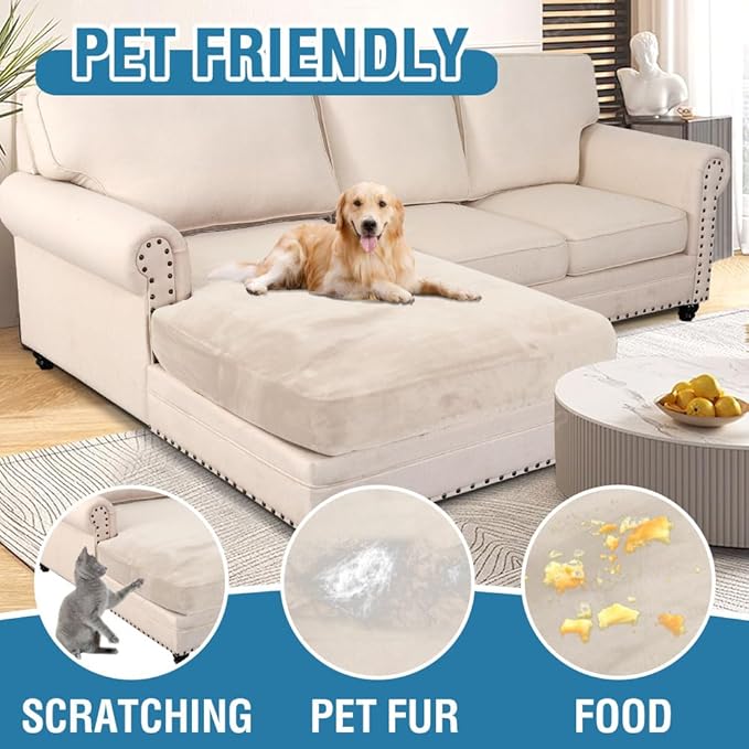H.VERSAILTEX Velvet Stretch Individual Chaise Cover Sectional Couch Covers for L Shaped Sofa Both Left/Right Furniture Protector Seat Cushion Sofa Cover (1 Piece Chaise Cover, Ivory) - Image 3