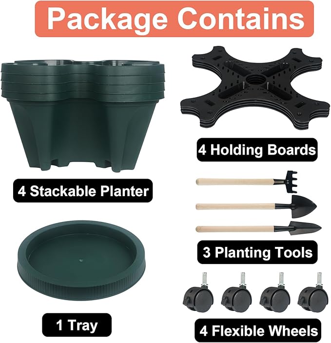 GameXcel Vertical Planter 4 Tier Stackable Planters Garden Planters Strawberry Herb Flower and Vegetable Planter Indoor Outdoor Gardening Pots with Removable Wheels and Tools - Image 8