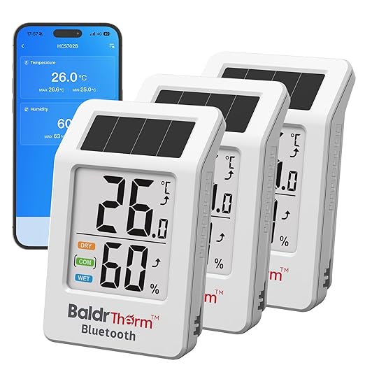 BaldrTherm Bluetooth Thermometer Wireless, Smart Thermometer with App Control, 200ft Coverage, Offline Storage, Trend Charts, Real-Time Alerts for Home, Pet Cage, Indoor/Outdoor Use, White, 3pack by BaldrTherm