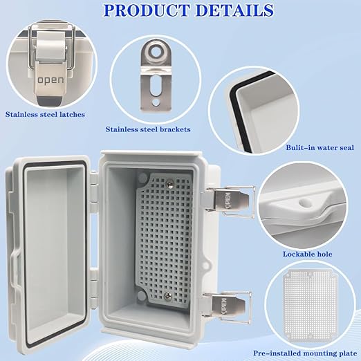 Waterproof Electrical Box, IP67 Junction Box Stainless Steel Latch Hinged Grey Cover Project Enclosure with Wall Bracket 5.9"x3.9"x2.8" - Image 3
