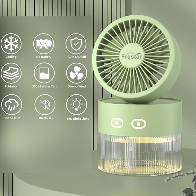 Personal Cooling Fan and Small Air Humidifier 350ml with LED Night Light, Desktop USB Charging Humidifier and Fan 3 in 1 for Office and Small Room, No Battery (Green) - Image 2