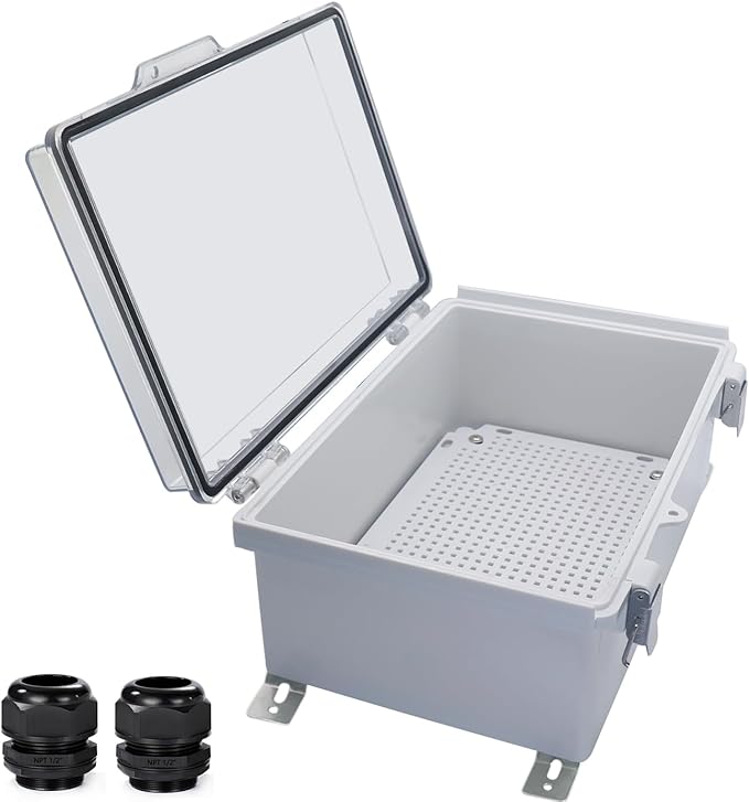 Waterproof Outdoor Electrical Box Junction Box Weatherproof IP67 ABS Plastic Enclosure Switch Router Project Box with Mounting Plate with Wall Bracket 2 Cable Glands Clear 11.81" x 7.87" x 5.12" by YETLEBOX