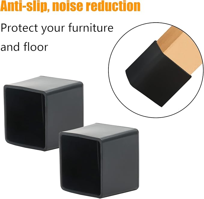 24PCS Square Rubber Furniture Leg Caps 1 Inch x 1 Inch Square Chair Leg Caps Covers Black Furniture Foot Table Chair Leg End Cap, Anti-Slip Chair Leg Floor Protectors, Black - Image 3