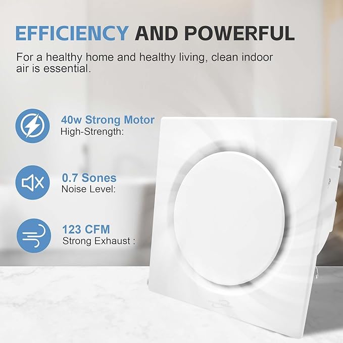 Bathroom Fan Ultra-Quiet Bathroom Ventilation, Exhaust Fan,123CFM 0.7 Sones 40W,4 Inch Duct Collar,White,9 Inch Opening size,Easy to Install & Replace (No Light Fan) - Image 3