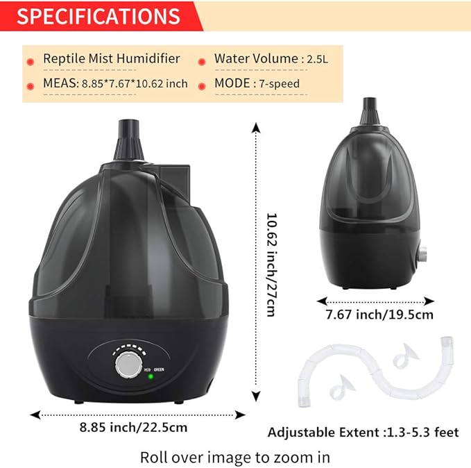 BETAZOOER Reptile Humidifiers Mister Fogger with Extension Tube/Hose, Suitable for Reptiles/Amphibians/Herps/Vivarium with Terrariums and Enclosures (2.5 Liter Tank) - Image 3