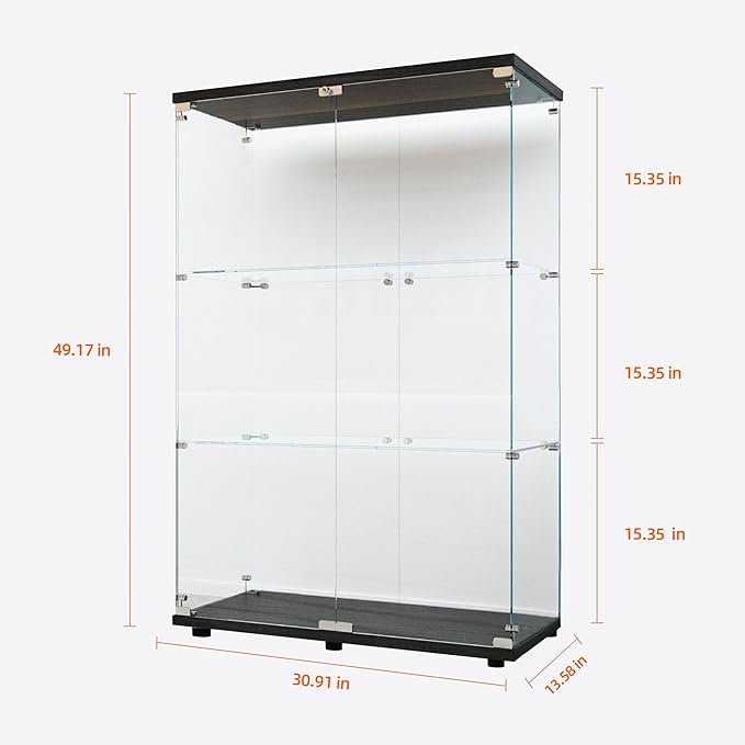 Yoluckea 3-Tier Glass Display Cabinet with Paipai Light, 2-Door Floor Standing Curio Cabinet with Adjustable Floor Feet for Home Office Corner Display, Black Glass Bookshelf for Collections and Decor - Image 2