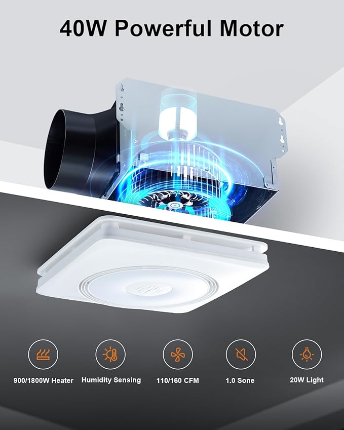 GROWNEER Powerful Oversize Bathroom Exhaust Fan with Light, 40W Bathroom Fan with Humidity Sensor, 110/160 CFM 1.0 Sone Exhaust Fan with Heater, 1800W Heating, 1500lm 2700K/4000K/5000K & Nightlight - Image 7