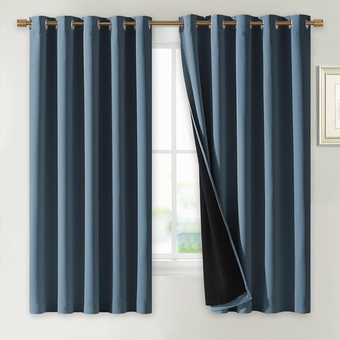 NICETOWN 100% Blackout Lined Curtains, Smoky Blue, 1 Pair, 70" Width x 63" Length Each Panel, 2 Thick Layers Completely Blackout Window Treatment Thermal Insulated Drapes for Kitchen/Bedroom by NICETOWN