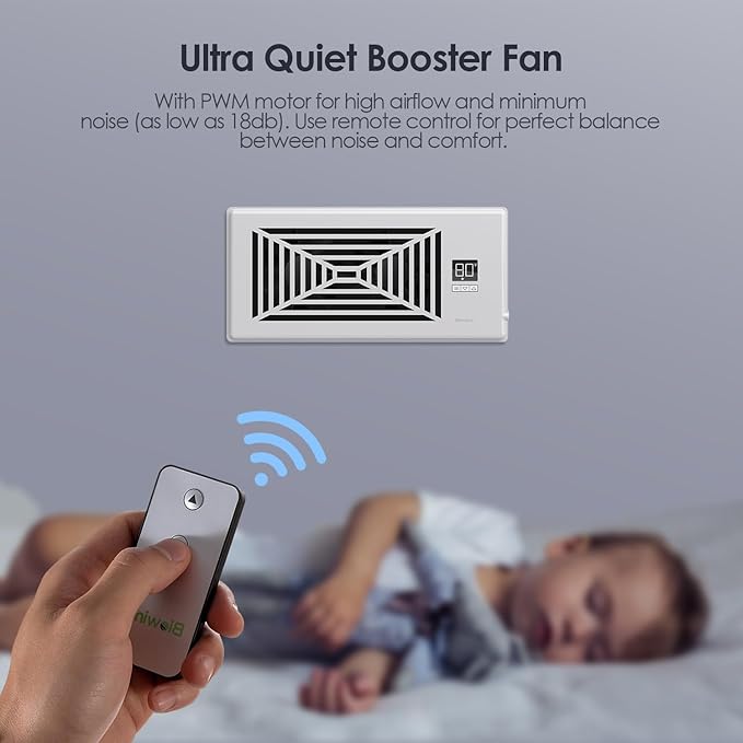 Quiet Register Booster Fan Fits 4" x 10" Register Holes, 10-Speed Smart Heating Cooling AC Vent Fan with Remote Control and Thermostat Control - White - Image 5