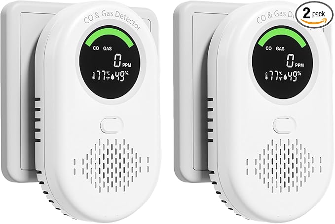 2 Pack 4-in-1 Carbon Monoxide Detectors Plug in & Natural Gas Leak Detector with Voice Broadcast, Dual Sensor CO Detector with Temp and Humidity, Portable LCD CO & Gas Alarm for Home Travel RV by zealme