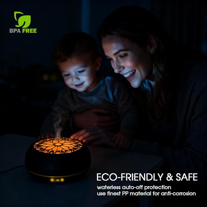 550ml Large Capacity Essential Oil Diffuser with 6 Aromatherapy Oils Set,Ultrasonic Air Humidifier with Timer and 7 Color LED Night Light Waterless Auto-Off Dark Wood Grain - Image 9