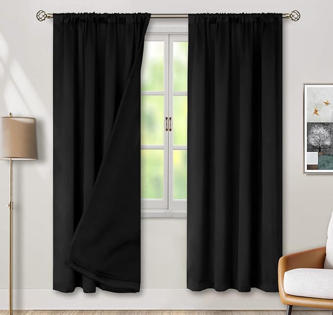 BGment Thermal Insulated 100% Blackout Curtains for Bedroom with Black Liner, Double Layer Full Room Darkening Noise Reducing Rod Pocket Curtain (52 x 84 Inch, Black, 2 Panels) by BGment
