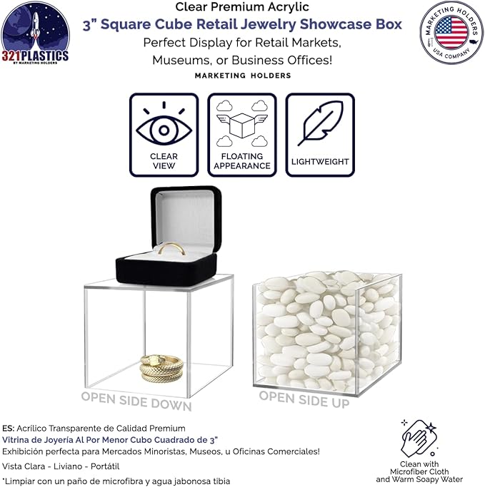 2 Pack 3" Acrylic Display Riser Box No Lid Clear Square Retail Product Riser One Open Side Merchandise Storage Cubby for Expos and Tradeshows No Assembly by Marketing Holders - Image 4