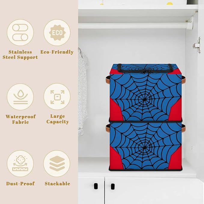 Storage Bin, Collapsible Fabric Storage Boxes with Lids for Organizing, Blue Spider Web Stackable Closet Organizers and Storage Cube Basket for Home, Office, Bedroom (10.2"x14.2") - Image 3