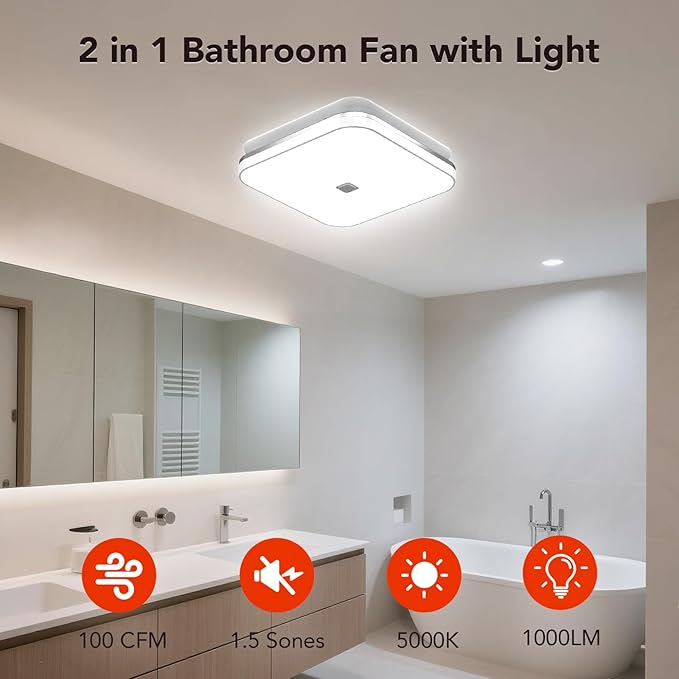 OREiN 2-in-1 Bathroom Exhaust Fan with Light, 100 CFM Bathroom Fan Light, 1.5 Sones Quiet Ventilation Fan Combo for Shower, Energy Star Certified, HVI/FCC/ETL Listed, Ceiling Cut-Out 8.11" x 7.48" - Image 3