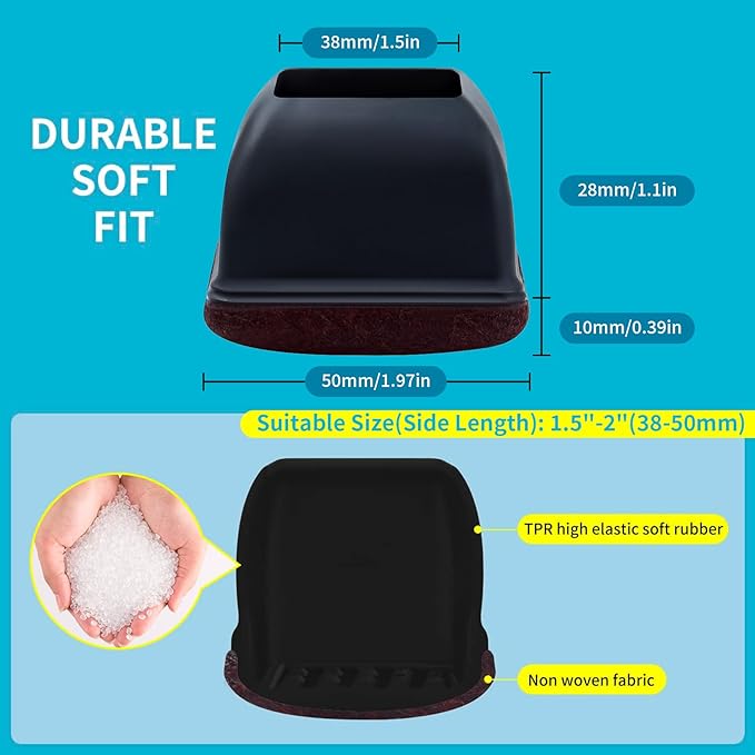 16PCS Extra Large Chair Leg Floor Protectors, Felt Furniture Pads for Hardwood Floors, Square Black Sofa Bed Dining Table Chair Leg Covers to Protect Floors and Prevent Scratches & Noise(Fit:1.5"-2") - Image 4
