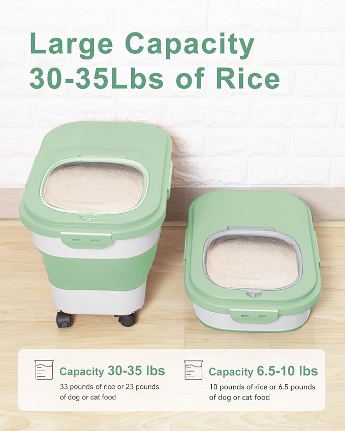 20-30 Lbs Rice Storage Container,Collapsible Food Storage Containers with Rolling Wheel Airtight Locking Lid,Flour Storage Container with Cup and Scoop,Suitable for Food,Rice,Pet Food,Flour - Image 2