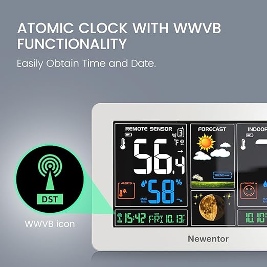 Newentor Weather Station Wireless Indoor Outdoor Thermometer, Color Display Digital Weather Thermometer with Atomic Clock, Barometric Pressure, Forecast Station with Adjustable Backlight,White,2Sensor - Image 3