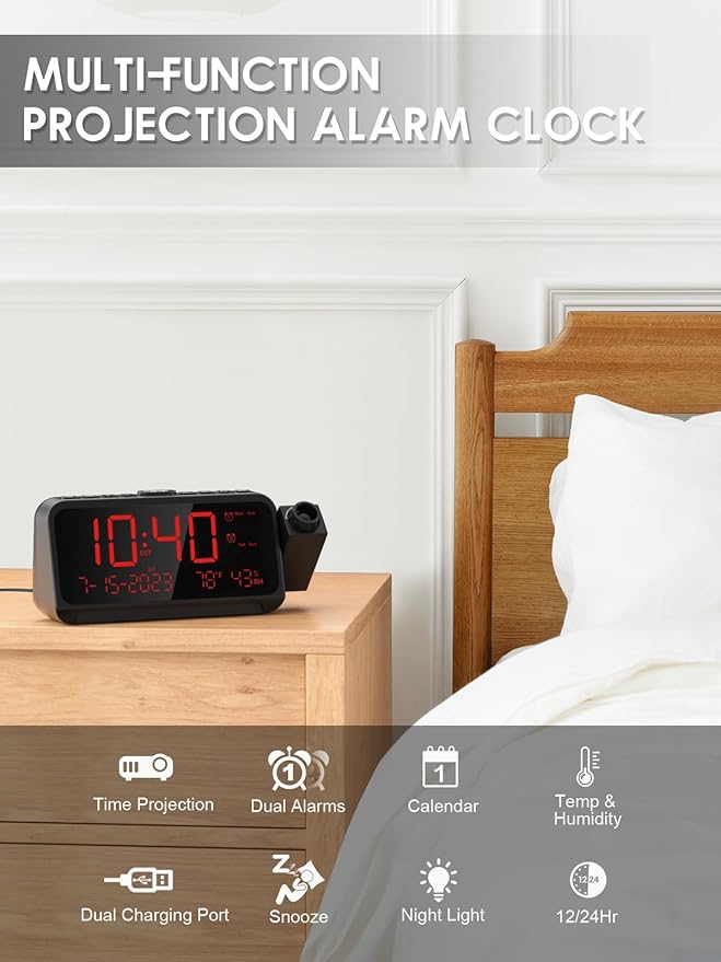 ROCAM Projection Clock for Bedroom, Digital Clock with 180° Projector on Ceiling with 5-Level Dimmer, Dual Loud Alarm Clock with Weekend/Weekday Mode, Date, Temp, Humidity, Night Light, Snooze - Image 2